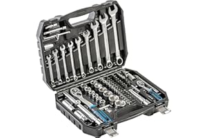 Högert Technik Zestaw narzędzi 85-częściowy, klucz nasadowy i zestaw bitów 1/4" i 1/2", stal CRV, grzechotka 72T, klucz oczkowy widełkowy, DIN 3124, w walizce stalowej