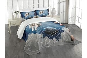 ABAKUHAUS Nebula Bedspread Set, Astronaut Planets Space, Set with Pillowcases, Washable, for Single Bed, 170 x 220 cm, Blue Grey