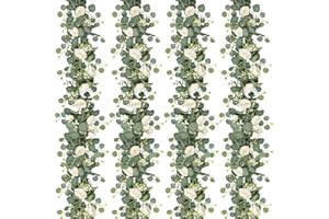 UXORSN 4PCS 6FT Artificial Eucalyptus Flower Garland with White Roses Fake Flower Garlands Silk Rose Greenery Garland Faux Floral Ivy Vines for Wedding Home Party Table Runner Centerpiece Decoration