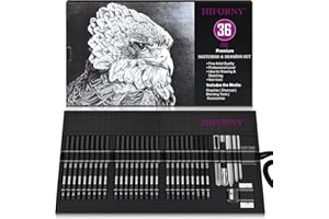 HIFORNY Set di 36 matite da disegno per schizzi, forniture artistiche con grafite, carbone, strumenti di miscelazione, accessori, kit da disegno per artisti adulti in custodia arrotolabile in tela