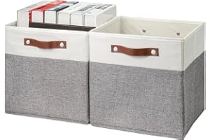 Lonian Set of 2 Foldable Cotton Flax Storage Boxes Bins with Leather Handle, Collapsible Storage Cube Organiser for Nursery Baby Kids Room Toys Home Shelving – 30.5x30.5x30.5 cm