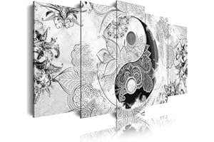 DekoArte 508 - Impression Sur Toile Moderne D'Images Artistiques Numérisées | Toile Décorative Pour Votre Salon Ou Votre Chambre | Style Abstrait Ying Yang Zen Couleurs Blanc Noir | 5 Pièces 150x80 cm