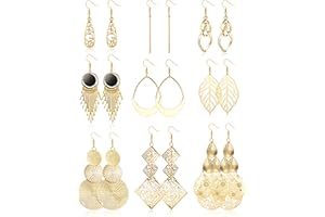 JeweBella 9Paires Boucles d'oreilles Pendantes pour Femme Fille Boho Boucles d'oreilles Pendantes Twist Boucles d'oreilles Gland Argent/Or Hypoallergénique Vague Longue Barre Boucles d'oreilles