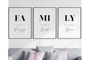 EVIEPOPS PRINTS Family Quote Set of 3 Unframed Prints, Home Wall Art Decor, Family Art Poster, A Little Bit of Crazy, Loud, a Whole Lot of Love Quote (A4)