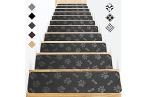 GOYLSER Stair Mats for Wooden Stairs, Non-Slip Stair Carpet Steps with Double Self-Adhesive for Elders, Children, Pets (76 x 20 cm, 15 Pack, Black Dog Paw)