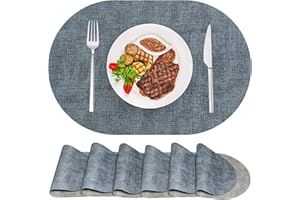 ANUNU Ovale Tischsets Platzset 6er Set, Leder Tischsets Abwaschbar Doppelseiten Farbe Platzset Wasserdicht Innen- und Außentischsets für Esstisch, Küche, Restaurant (Blau und Grau)