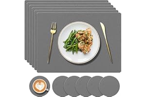 YUNJUER Silicone Place Mats and Washable Coasters Set of 6, Heat-Resistant 450 °F, Non Slip Placemats for Home, Hotel, Indoor Kitchen, Outdoor, Glass Dining Table, (Dark Grey)