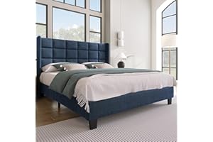 ‎MERAX Polsterbett 140x200 mit Lattenrost Rückenlehne，Hautfreundliche Leinenmaterial, Blau, Bett Einzelbett Jugendbett(Ohne Matratze)