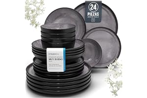 PURE LIVING INTERIOR DESIGN Juego de Vajilla de Steingut Ibiza para 6 Personas - 24 Piezas, Set de Vajilla para Lavavajillas y Microondas - Moderno Juego de Platos - Servicio de Pure Living en gris oscuro