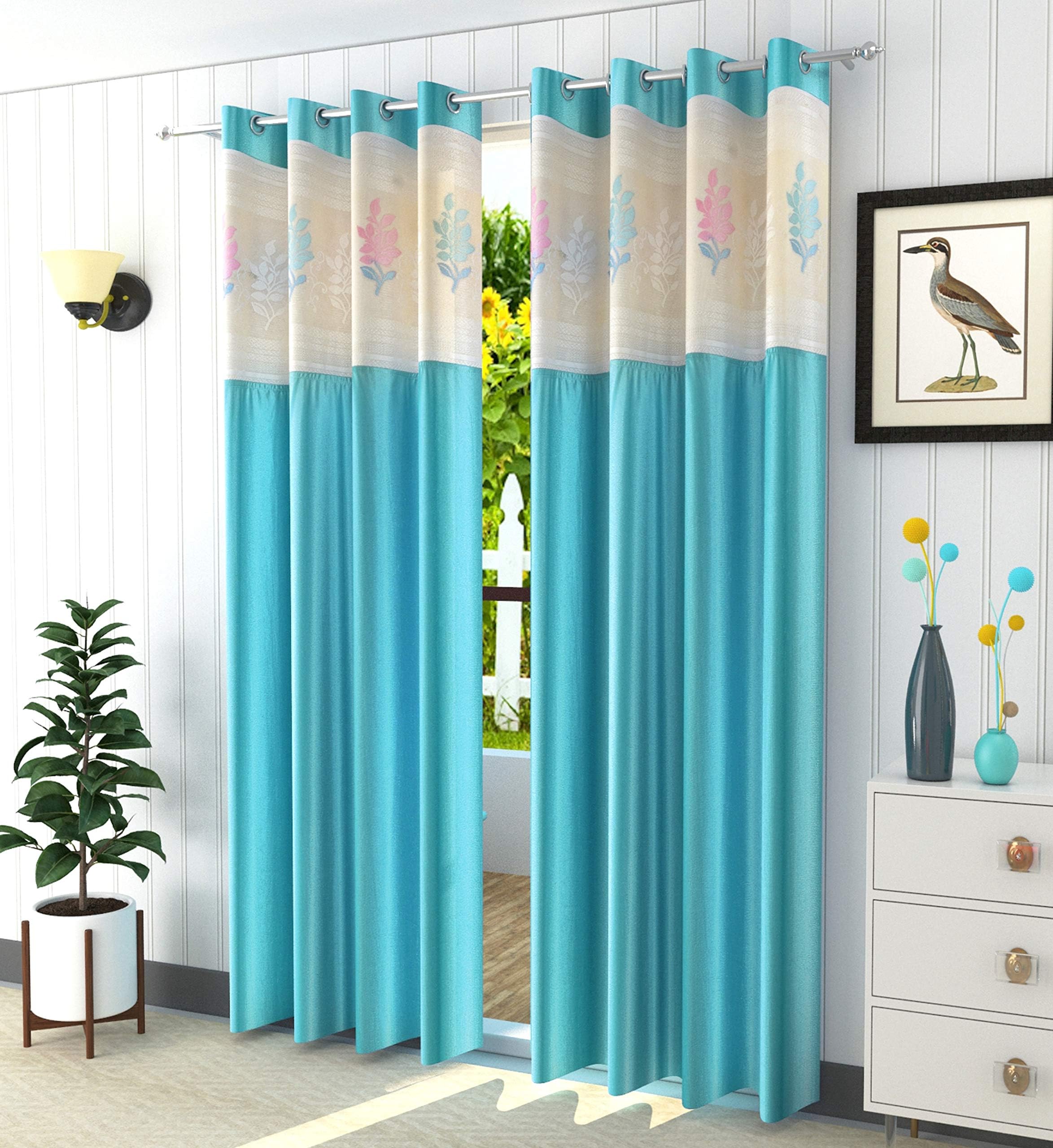 LaVichitra 2 Piece Premium Window Curtain with Floral Net - 5ft, Aqua