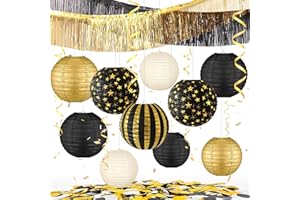 ‎YBWANLI YBwanli Schwarze und goldene geburtstagsdeko Partydekorationen,silvester deko 2026, 16 Stück, Einschließlich Schwarz Gold Laternen, Lametta Vorhang und Konfetti
