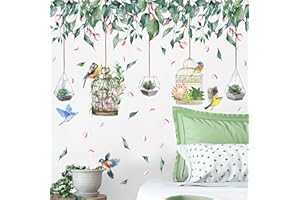 ANHUIB Sticker Muraux Feuille Verte,Autocollant Muraux de Fleurs,Autocollant Mural Plante,Sticker Mural Oiseaux de Salon,Coloré Autocollant Mural Tropicales de Vigne de Couloir Chambre à Coucher Décor