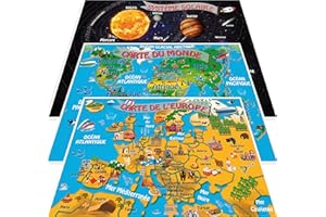 NITRAM Carte du monde pour enfants, Europe et système solaire. Affiches pour décorer la chambre des enfants format A3 (Française)