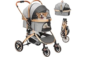 DWVO Hundewagen 3 in1 Hundebuggy bis 22kg Hundebox Transporttasche, Faltbar klappbar Katzenwagen, Netzfenstern, Getränkehalter, 360° Verschleißfeste EVA-Räder, für Hunde und Katzen (Grau)