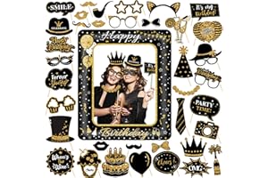 SROEESHEE Black Gold Photo Booth Props - 39 Pieces Birthday Inflatable Selfie Frame for Men Women, Photobooth Decorations for Any Ages Large Bows Lips Lipsticks for Girl Boy Party Accessories