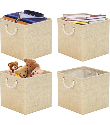4 Stück Faltbare Aufbewahrungsboxen – 33x33x33 Cm, Creme, Mit Metallöse, Platzsparend & Stabil