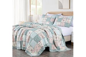 Chezmoi Collection Abbi - Set di biancheria da letto in stile shabby chic, in cotone prelavato, con motivo floreale, trapunta, trapunta, per letto king size, 3 pezzi