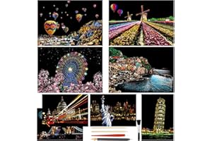 Heyu-Lotus 8pcs Scratch Art Paper Rainbow Painting Sketch City Series Night Art Craft Scratch Scratchboard for Adult and Kids with 5 Tools