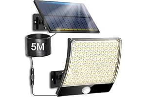 THINGS-4YOU Luces Solares LED Exterior Jardín con Sensor Movimiento – foco solar 105 Leds IP65, Luz Solar Exterior Potente 6500K, Panel con Cable 5M, 3 Modos, Iluminación LED Seguridad Pared Terraza (1, Paquete)