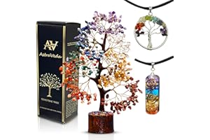 AstraVeda 7 Chakra Crystal Tree of Life with 2 Chakra Pendants – Feng Shui Gemstone Tree for Positive Energy, Meditation, Healing Crystals, Spiritual Décor & Mindfulness Gifts