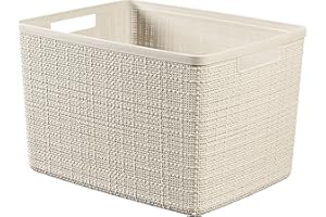 Curver Juliet- Cesta Rectangular Grande 20L, Almacenaje, Ordenación; 100% plástico Reciclado, Acabado Yute, 36x28xH23 cm, Blanco