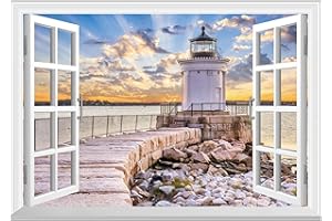 FLFK Adesivo da parete con finestra finta, motivo: faro di Shoreline, adesivo da parete per finestra, adesivo da parete, 121,9 x 81,3 cm, set di 2 fogli