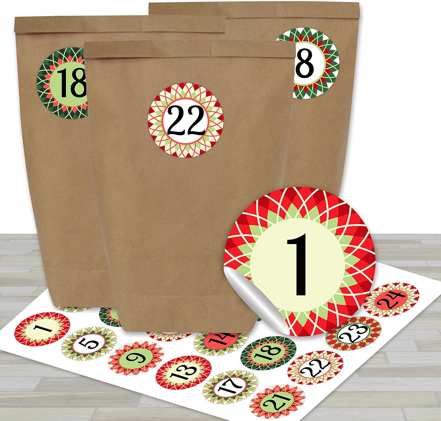 Calendario de Adviento DIY para rellenar - con 24 bolsas de papel marrón y 24 pegatinas rojo-verde - para bricolaje y manualidades - Mini Set Nr 17 - Navidad 2021 para niños