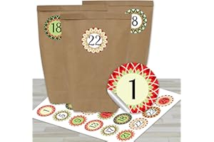 PAPIERDRACHEN Kalendarz adwentowy DIY - z 24 brązowymi papierowymi torebkami i 24 czerwono-zielonymi naklejkami - do majsterkowania i rękodzieła - Mini zestaw Nr 17 - Boże Narodzenie 2021 dla dzieci