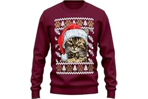 Purple Print House Maine Coon Cat Christmas Sweatshirt Adults Secret Santa Gift Brown Festive Cat Santa Hat Sweater Gifts For Men and Women, XL, Maroon