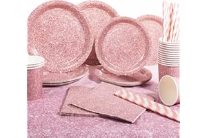 Yidaxing Assiettes Jetables Anniversaire Paillettes Or Rose, Vaisselles Jetables Rose Chatoyant, Gobelets Pailles Serviettes Nappe pour Décoration Fête de Mariage Anniversaire Baby Shower,16 Invités