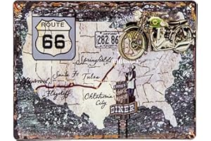 LUCKYLINDE Retro Blechschild - US Route 66 Landkarte - Motorrad, Chopper, Nummernschild - Deko Schild, Werkstatt Diner Schild, 33 x 25 cm