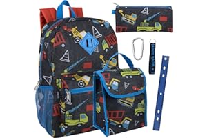Trail maker Boy's 6 in 1 Backpack Set with Lunch Bag, Pencil Case, Ruler, Clip, and Wristlet Keychain