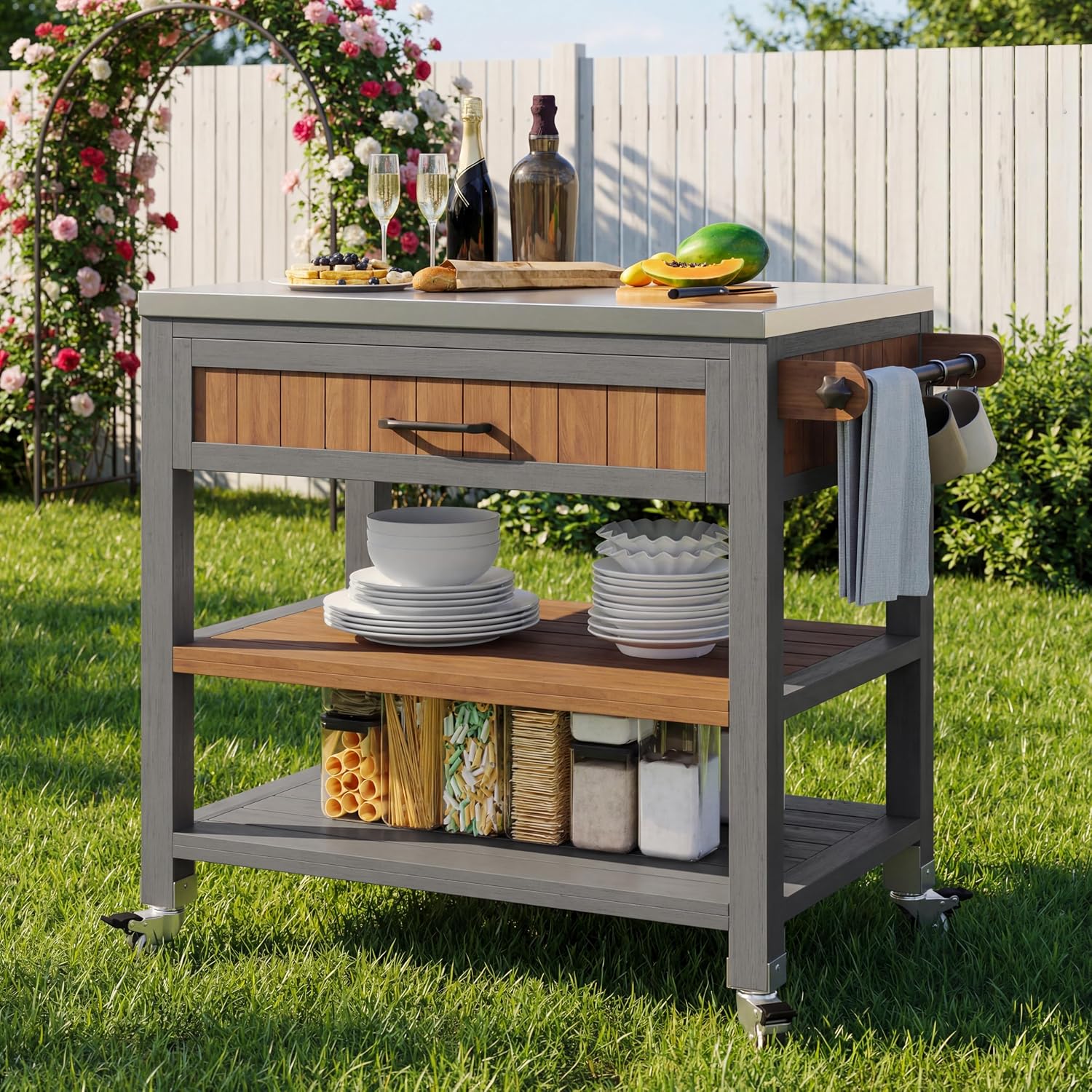 Merax Outdoor Kitchen Unit, Rustic, 80x51x91.5cm, Natural F, Solid Wood, with Wheels, Stainless Steel Worktop, Drawer, Double Shelf, Towel Rack
