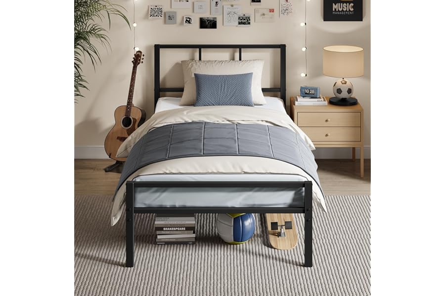 VASAGLE Single Bed Frame, 90 x 190 cm, with Slats and Headboard, Metal Platform Bed, Supports Up to 250 kg, Easy Assembly, Modern Bedroom Furniture, Ink Black RMB291B101