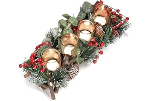 Belle Vous Porta Candele Natalizio Tealight - 13 x 37 cm - 4 Portacandele Votivi in Vetro - Ghirlanda Natalizia Artificiale con Pigne, Bacche Rosse e Fiocchi per Tavola e Centrotavola di Natale