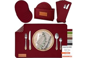 ‎MAHEWA MAHEWA® 6er Set Premium Filz Tischset Platzset mit 6X Glasuntersetzer 1x Halter und 6X Bestecktaschen rutschfest Ab-waschbar Bordeaux Rot 6er mit Zubehör