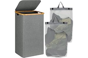 POWZOO Panier à linge avec couvercle, 100 l, de haut, avec anse en bambou et poche intérieure, pliable, grand, taille XXL, pour ranger des vêtements et des jouets, gris