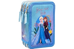 Clondo Frozen Astuccio Triplo Riempito Bambina, 44 Accessori Scuola Elementare, 3 Zip, 20 Centimetri, Anna, Elsa, 3 Scomparti Organizzati