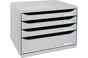 Exacompta - Ref 315740D - Big-Box Plus Offic - Landscape 4 Drawer Set - 270 x 355 x 271mm in Size, 43mm Drawer Height with Double Drawer at Bottom - Light Grey