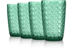 Joeyan Verde Vasos de Agua con Relieve,Vasos de Vidrio Highball Cristalería,Tazas de Agua para Soda Cóctel Té Jugo Bebidas Leche,13 oz,Juego de 4,Apto para Lavavaj