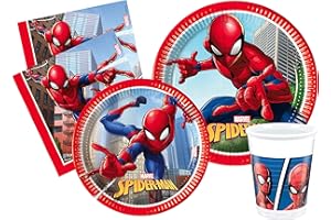 CIAO Kit Party Tavola Marvel Spider-Man Crime Fighter per 24 persone (112 pezzi: 24 piatti Ø23cm, 24 piatti Ø20cm, 24 bicchieri 200ml, 40 tovaglioli 33x33cm)
