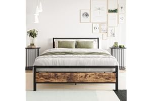 BOFENG Double Bed Frames with Wood Headboard,Heavy Duty Metal Platform Bed Frame Double Bed No Box Spring Needed,Mattress Base/Under Bed Storage/Sturdy Steel Slat Support
