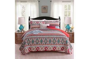 Qucover Bohemian Bedspread Super King 250x270 cm Warm Cotton Red Boho Striped Quilted Bedspreads Coverlet with 2 Pillow Shames