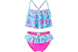 IKALI Girls Two-Piece Bikini Set, Flamingo Floral Hawaii Printed Ruffle Bathing Suit, Toddler Summer Beach Sport Swimwear