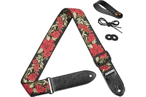 Amumu Gitarrengurt, Baumwoll-Gitarrengurt mit Rosenstickerei und Enden aus echtem Leder für Bass-, Elektro- und Akustikgitarren, mit Kopfplattenknopf und Gurtblöcken