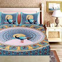 Rajasthani Sanganeri Bettlaken-Set – 100% Baumwolle, Doppelbett + 2 Kissenbezüge, Handbedruckt