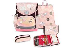 Belmil Premium Compact Plus ergonomiczny tornister, zestaw 5-częściowy, AGR, pas piersiowy, pas biodrowy, zapięcie magnetyczne (405-41/P/S), Glam, 37 x 30.5 x 19 cm