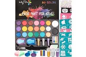 Maydear Kit de peinture faciale pour enfants avec 20 couleurs de peintures perlées sûres et non toxiques, 41 pochoirs, 3 pinceaux Kit professionnel de peinture faciale