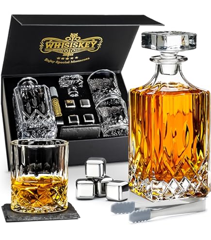 Godinger Whiskey Dekanter Set – Schach-Design Mit 4 Gläsern, 400 Ml, Bleifreies Glas