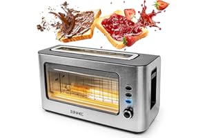 ‎DURONIC Duronic TB10 Toster z przezroczystym oknem na 2 kromki 1000W | szeroki otwór | wykończenie ze stali nierdzewnej | wyjmowana szuflada na okruszki | 6 poziomów wypiekania i funkcja rozmrażania | z szybą
